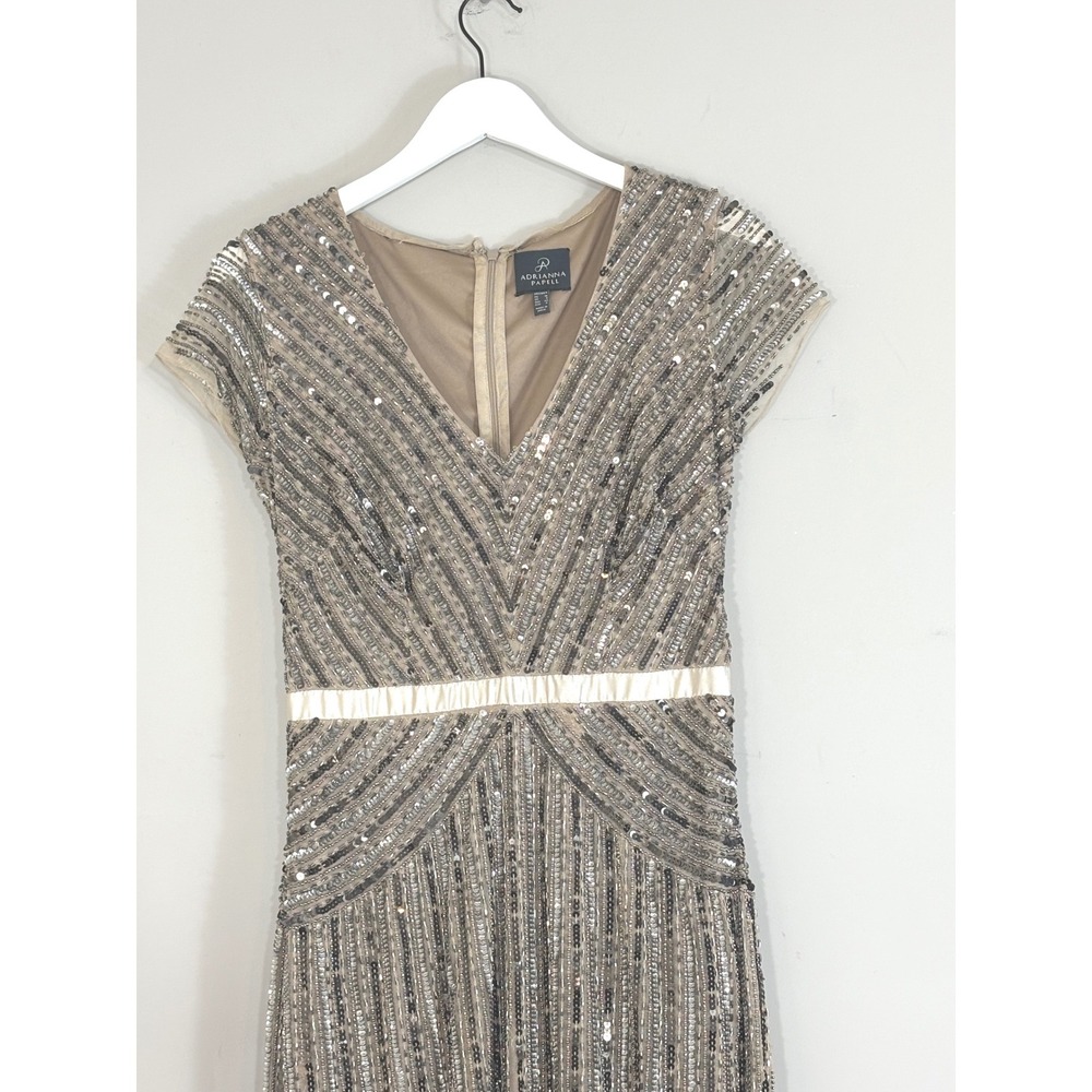 Adrianna Papell Beaded Sequin V-Neck Gown Cap Sleeve Maxi Dress Champagne Silver - Picture 6 of 16